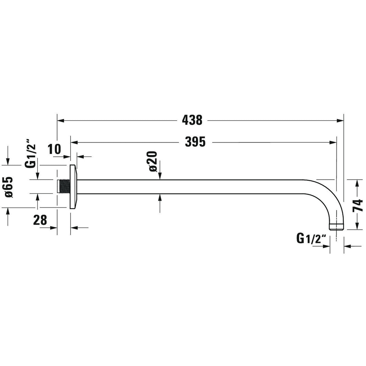 Bras de douche Grohe, acier chromé, schéma technique avec dimensions détaillées
