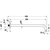 Bras de douche Grohe, acier chromé, schéma technique avec dimensions détaillées