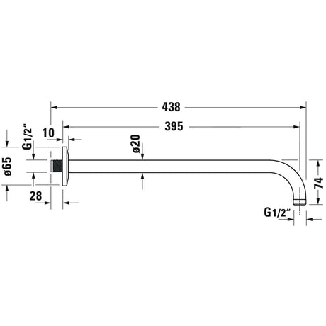 Bras de douche Grohe, acier chromé, schéma technique avec dimensions détaillées