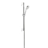 Barre de douche chromée Grohe avec douchette, couleur argentée, design moderne.