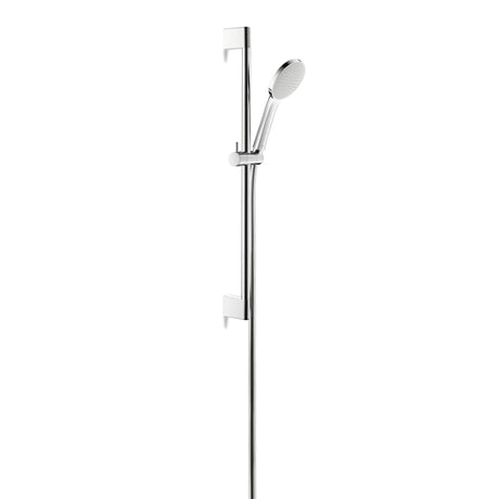 Barre de douche chromée Grohe avec douchette, couleur argentée, design moderne.