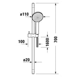 Douchette Grohe, colonne de douche, couleur chromée, schéma technique et dimensions visibles.