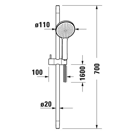 Douchette Grohe, colonne de douche, couleur chromée, schéma technique et dimensions visibles.