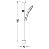 Barre de douche Grohe argentée avec douchette, schéma technique et dimensions