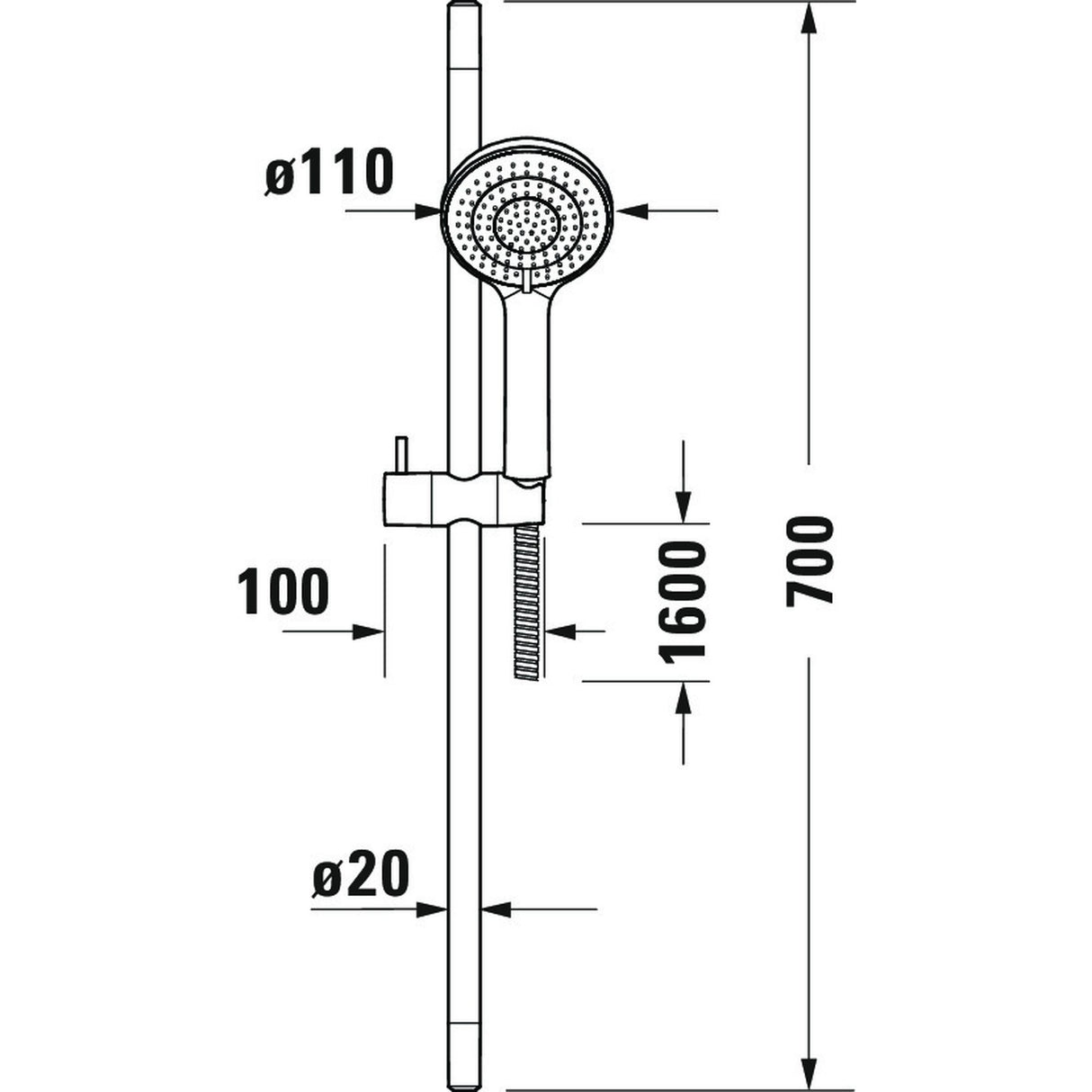 Douchette Grohe, barre de douche, couleur chromée, schéma technique avec mesures.