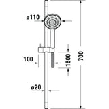 Douchette Grohe, barre de douche, couleur chromée, schéma technique avec mesures.