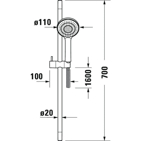 Douchette Grohe, barre de douche, couleur chromée, schéma technique avec mesures.