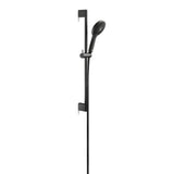 Barre de douche noire Hansgrohe avec douchette à main, design moderne.