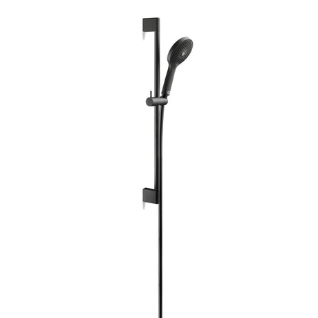 Barre de douche noire Hansgrohe avec douchette à main, design moderne.