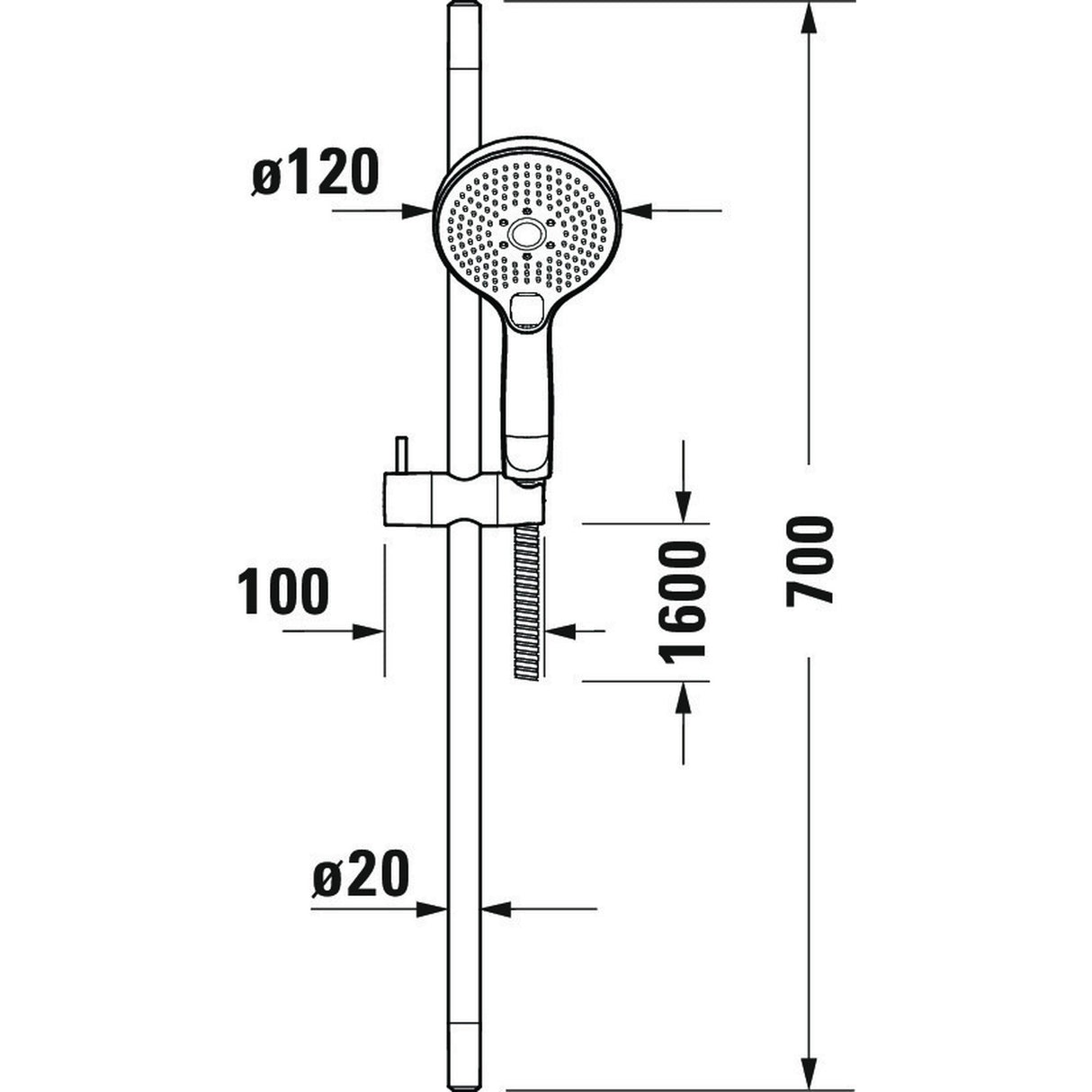 Douchette Grohe, barre de douche chromée, schéma technique avec dimensions