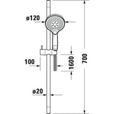 Douchette Grohe, barre de douche chromée, schéma technique avec dimensions