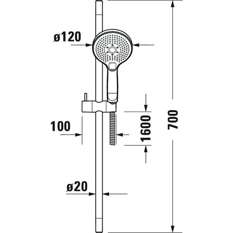 Douchette Grohe, barre de douche chromée, schéma technique avec dimensions
