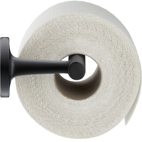Porte-papier toilette Hansgrohe, accessoire mural noir avec rouleau blanc.
