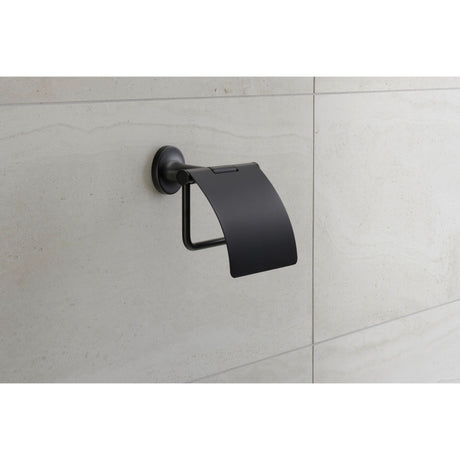 Porte-papier toilette Grohe noir mat fixé au mur sur carrelage clair