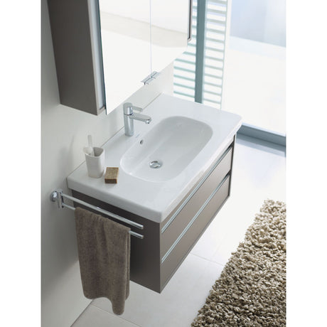 Lavabo blanc Grohe, meuble sous-vasque gris, mitigeur chromé, salle de bain moderne