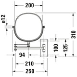Miroir mural Grohe rond, argent, schéma technique avec dimensions en millimètres.