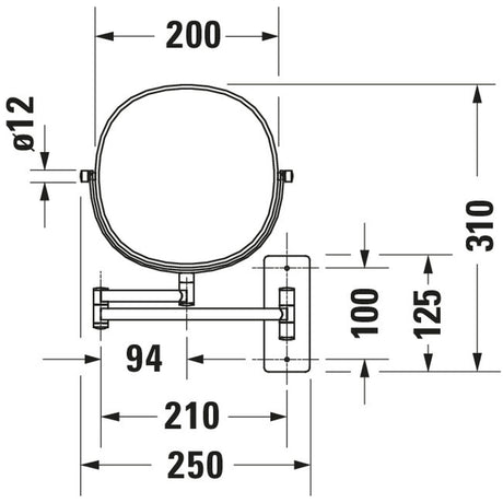 Miroir mural Grohe rond, argent, schéma technique avec dimensions en millimètres.