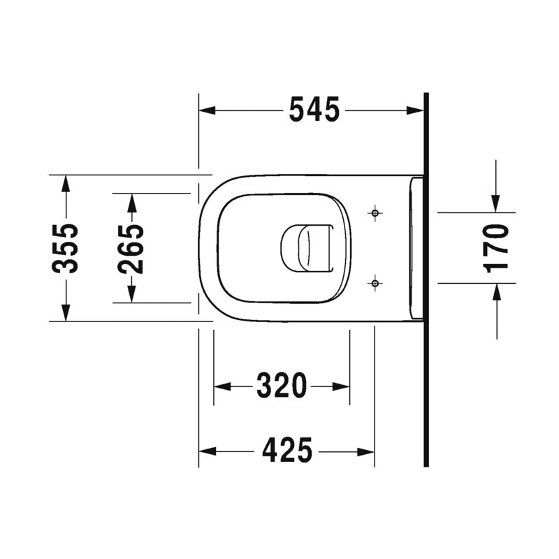 Schéma technique WC suspendu Duravit blanc avec dimensions détaillées, vue de dessus