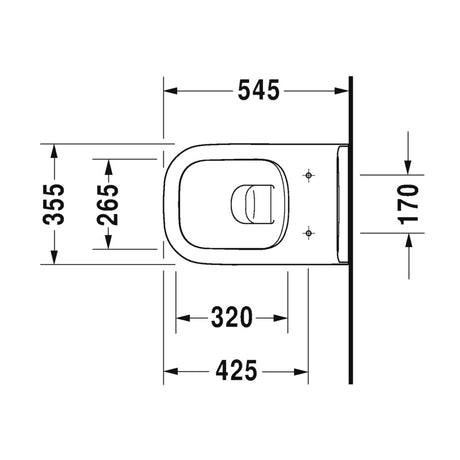 Schéma technique WC suspendu Duravit blanc avec dimensions détaillées, vue de dessus