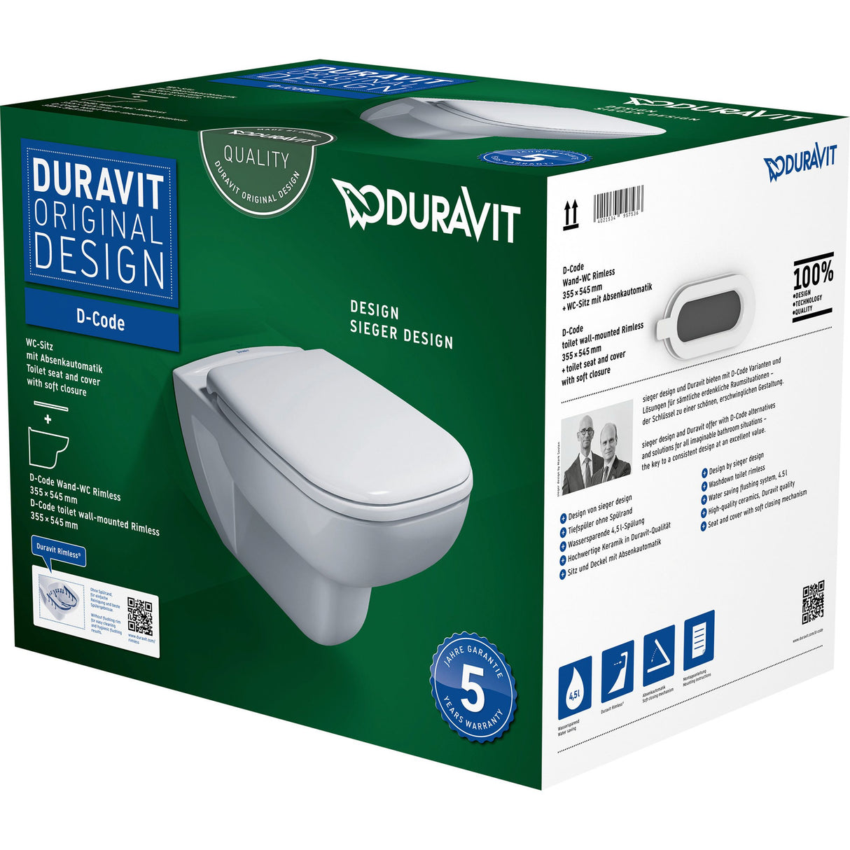 Toilette suspendue Duravit D-Code blanche, design moderne, présentée sur emballage.