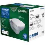 Toilette suspendue Duravit D-Code blanche, design moderne, présentée sur emballage.