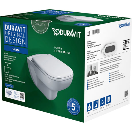 Toilette suspendue Duravit D-Code blanche, design moderne, présentée sur emballage.