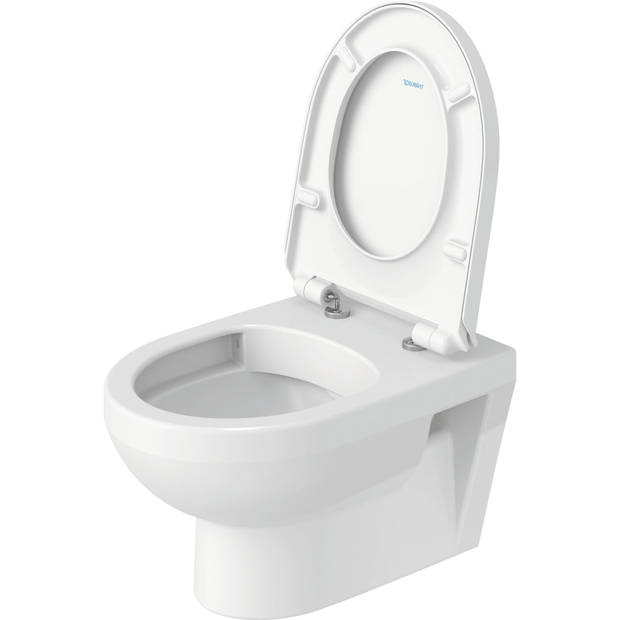 Toilette suspendue blanche marque Duravit, abattant relevé, design moderne, salle de bain.