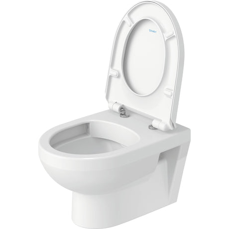 Toilette suspendue blanche marque Duravit, abattant relevé, design moderne, salle de bain.