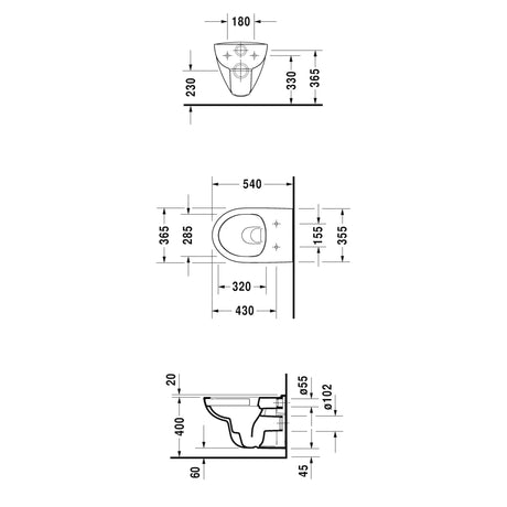 Schéma technique WC suspendu blanc Grohe, dimensions précises de la cuvette.
