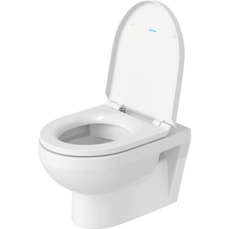 Toilette suspendue blanche Duravit, en céramique, couvercle ouvert.