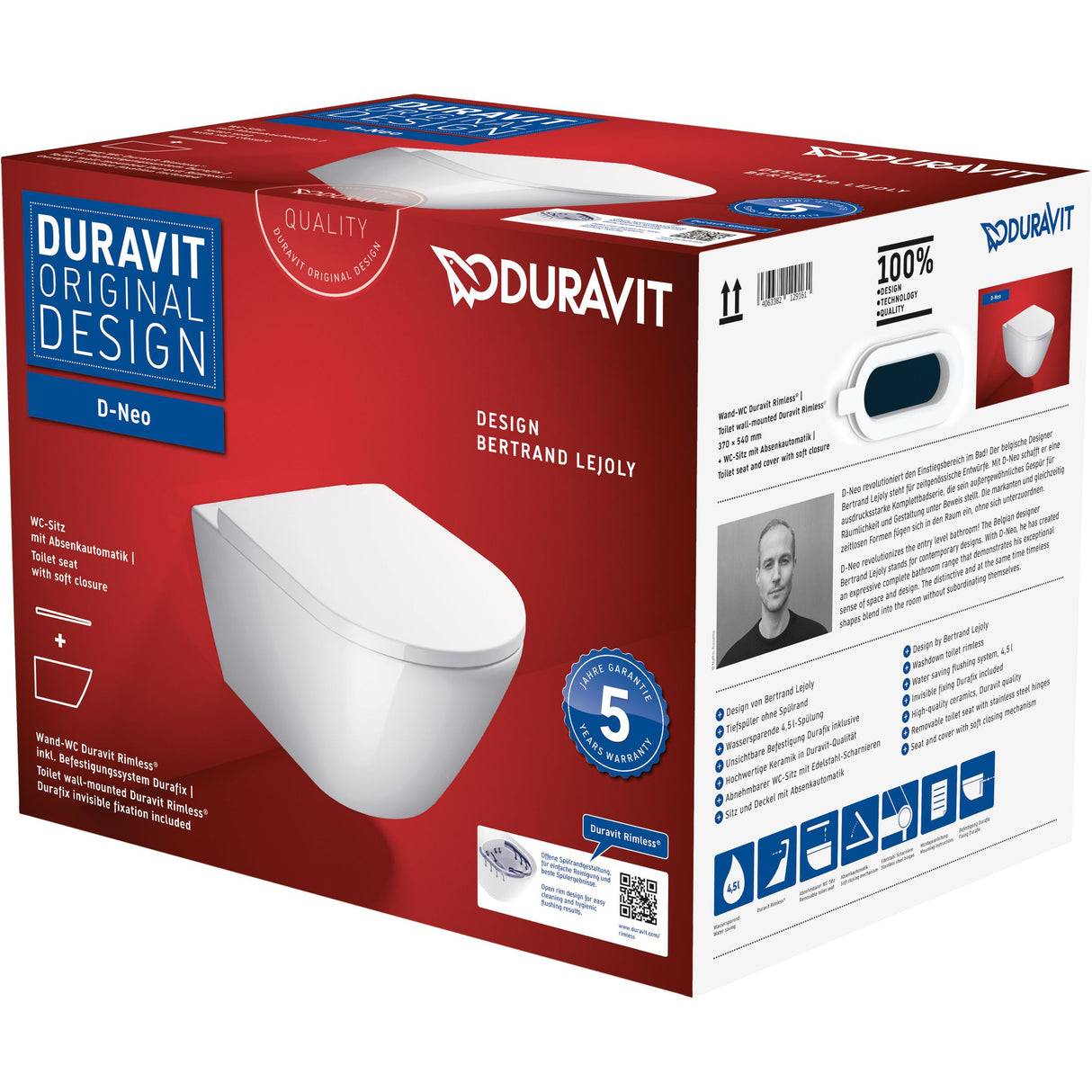 Pack WC suspendu blanc marque Duravit modèle D-Neo, design moderne.