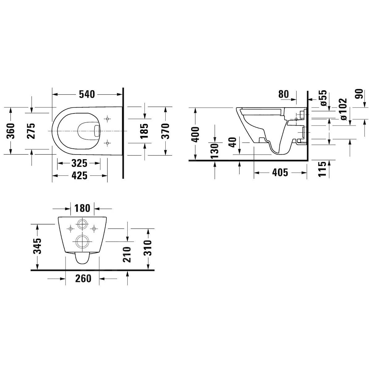 Plan technique WC blanc Grohe, abattant WC suspendu, dimensions détaillées.