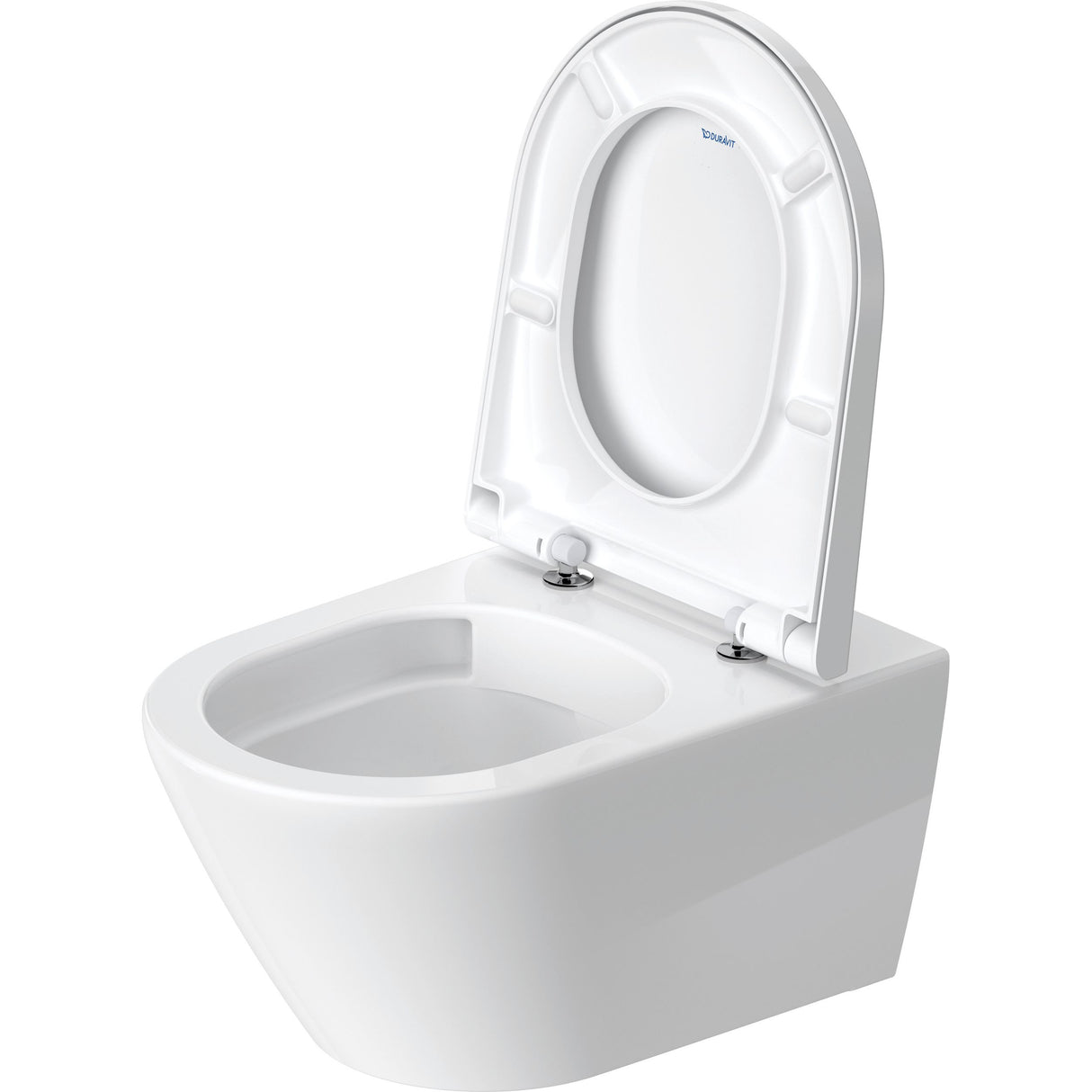 WC suspendu blanc marque Duravit, abattant ouvert, design moderne
