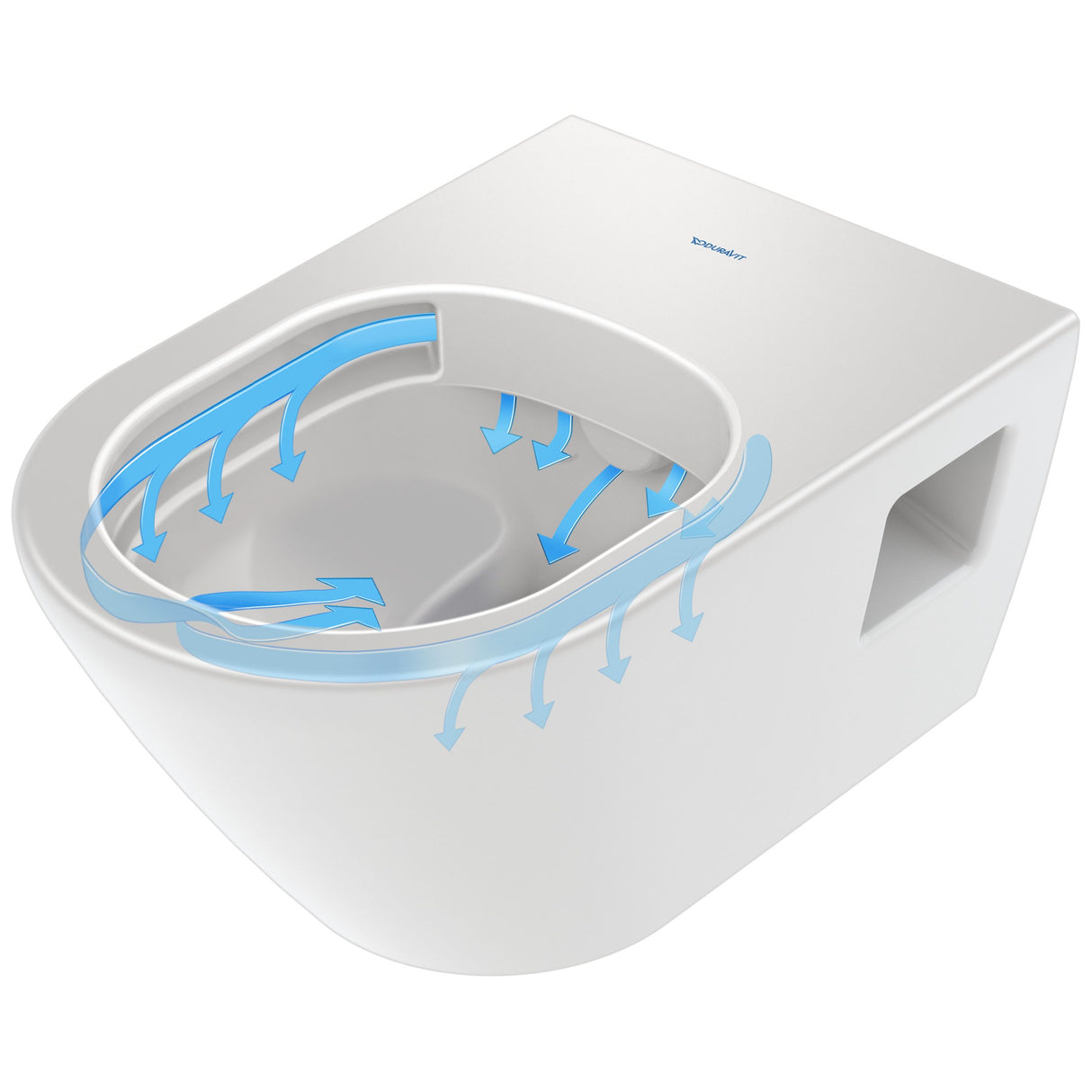 WC suspendu Duravit blanc, céramique, schéma d'écoulement de l'eau visible