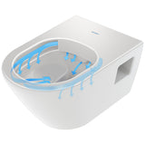 WC suspendu Duravit blanc, céramique, schéma d'écoulement de l'eau visible