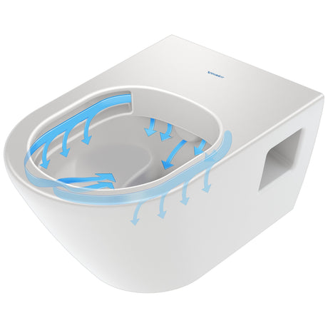WC suspendu Duravit blanc, céramique, schéma d'écoulement de l'eau visible