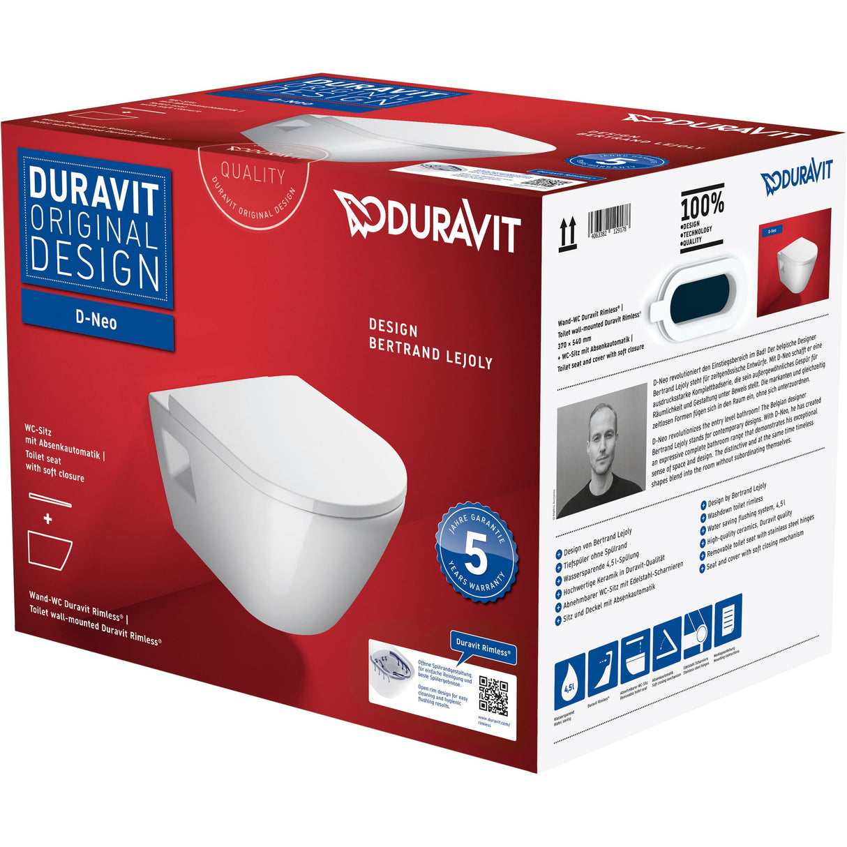 Toilette suspendue blanche Duravit D-Neo, design moderne, emballage visible.