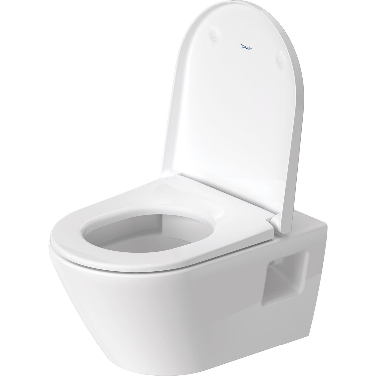 Toilette suspendue blanche, marque Duravit, design moderne pour salle de bains.
