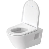 Toilette suspendue blanche, marque Duravit, design moderne pour salle de bains.