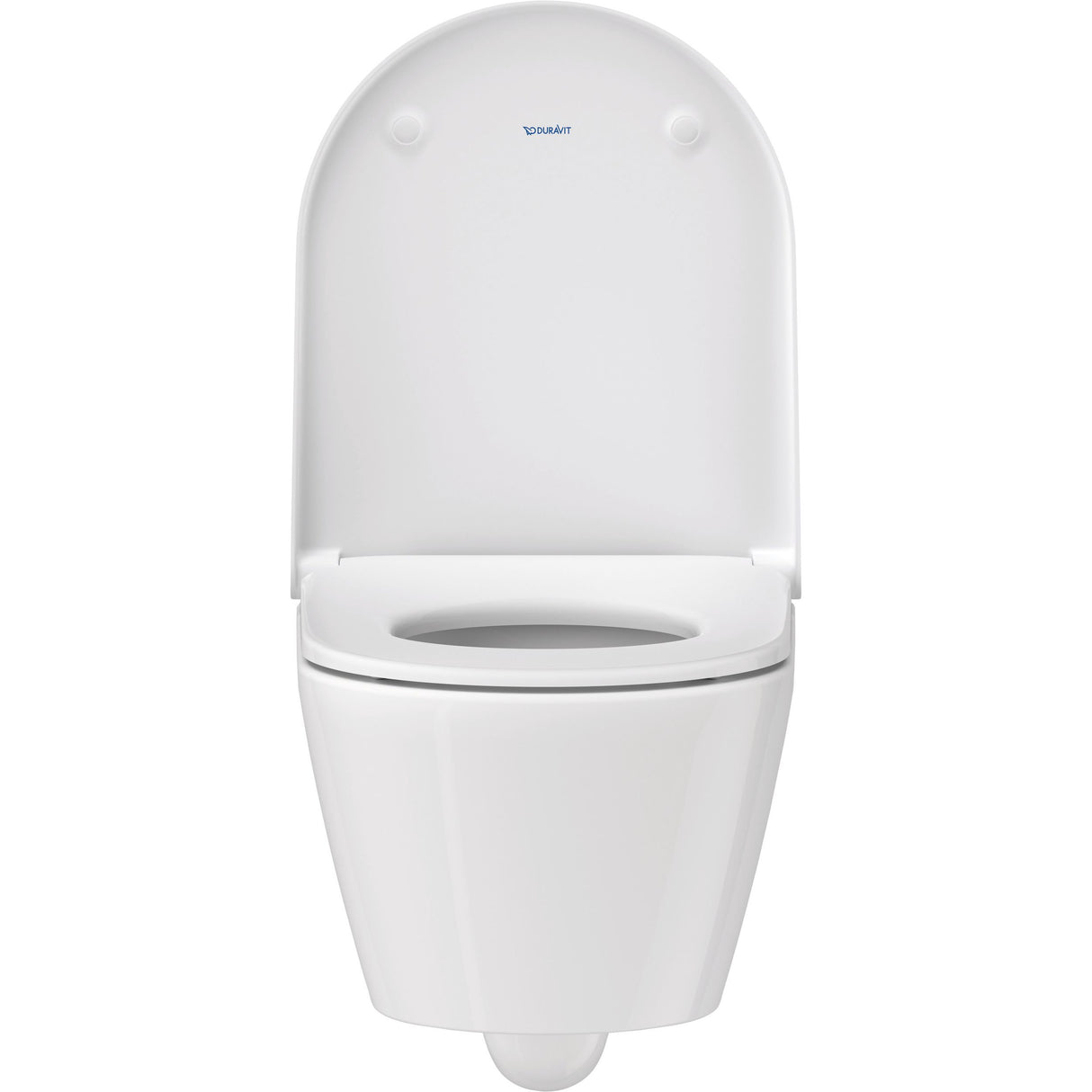 WC suspendu blanc Duravit, toilette moderne en céramique, abattant relevé.