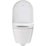 WC suspendu blanc Duravit, toilette moderne en céramique, abattant relevé.
