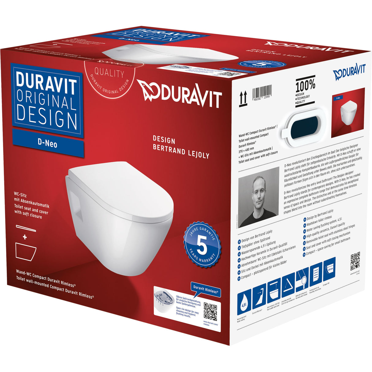 Cuvette WC suspendue blanche Duravit D-Neo, emballage produit, design moderne.