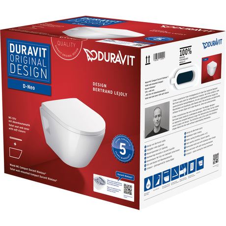 Cuvette WC suspendue blanche Duravit D-Neo, emballage produit, design moderne.