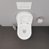 Toilette murale blanche Duravit avec abattant, cuvette et plaque de commande.