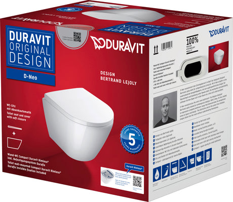 Cuvette WC suspendue Duravit D-Neo blanche, abattant à frein de chute, emballage produit.