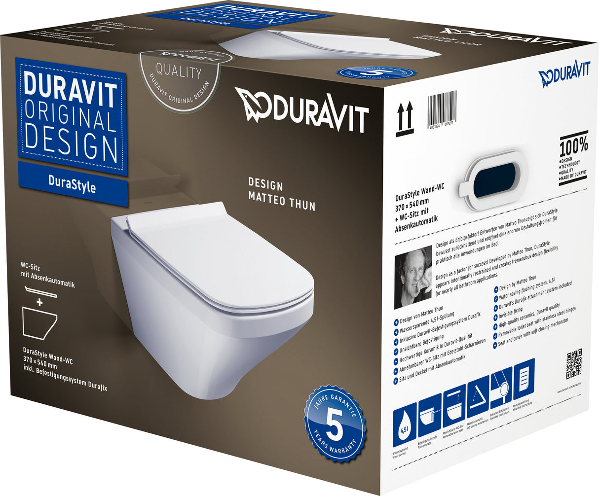 Toilette suspendue blanche Duravit DuraStyle avec abattant frein de chute, sur emballage.