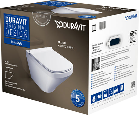 Toilette suspendue blanche Duravit DuraStyle avec abattant frein de chute, sur emballage.