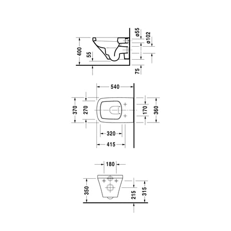 Schéma technique blanc WC suspendu Grohe avec dimensions détaillées.
