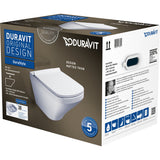Toilette suspendue blanche, marque Duravit, modèle DuraStyle, sur emballage carton.