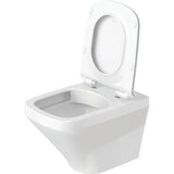 Toilette suspendue blanche Duravit en céramique, abattant ouvert, design moderne.
